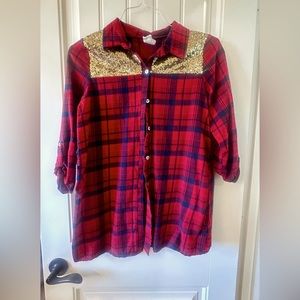 Navy & red top with gold sparkle accents